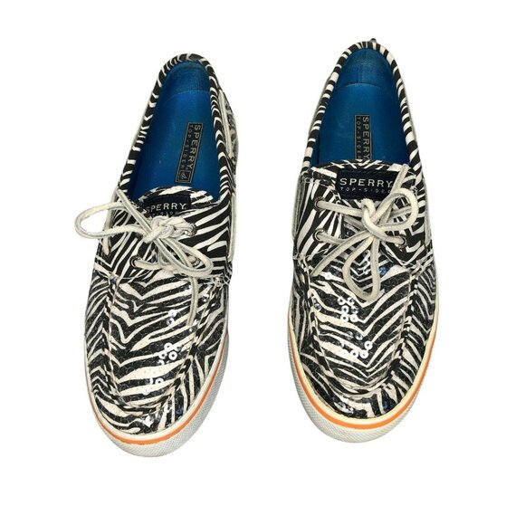Sperry Top-Sider Zebra Boat Flats Shoes Womens 8 M Black White Sequins Slip On - Picture 2 of 12